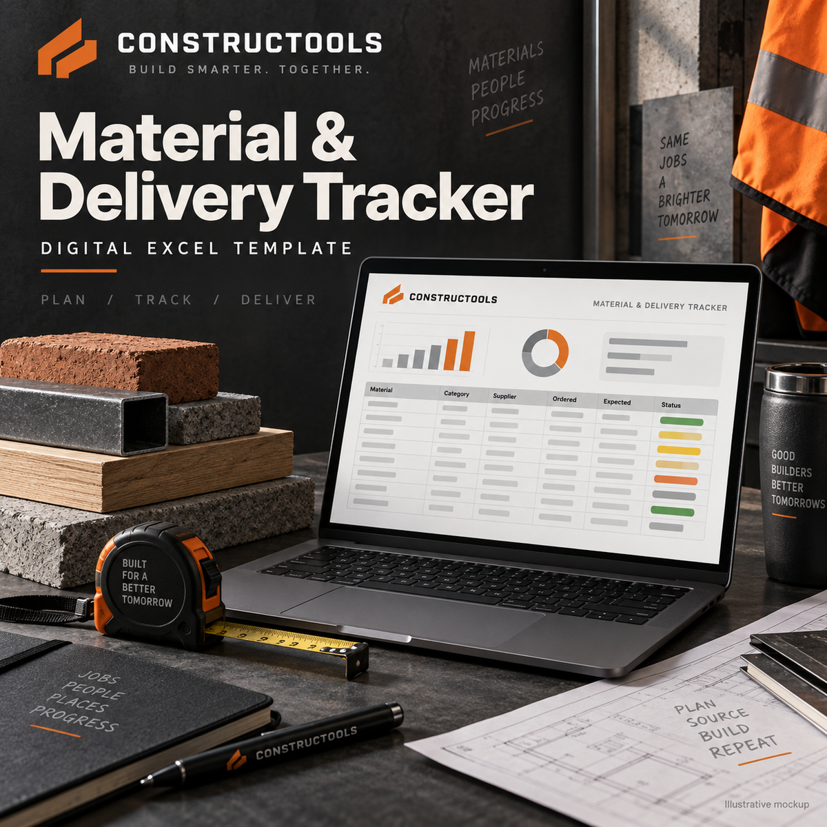 Constructools Material & Delivery Tracker – Construction Excel Template — illustrative product mockup